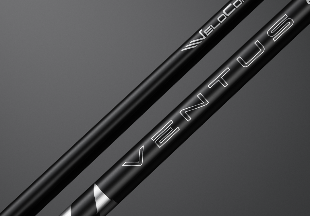 Two Fujikura Ventus Black golf shafts with branding details, displayed against a dark background.