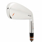 A single white iron golf club head with a red detailing, labeled 'ATLAS' on the side.