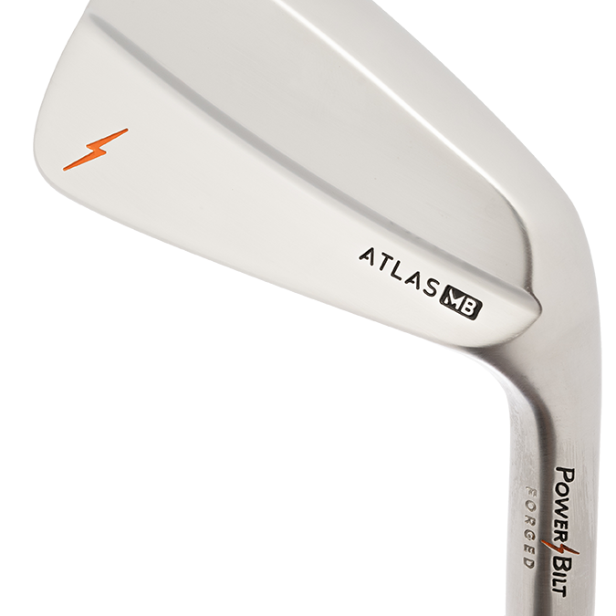 A single white iron golf club head with the text 'ATLAS 5800' and 'POWERBILT' visible.