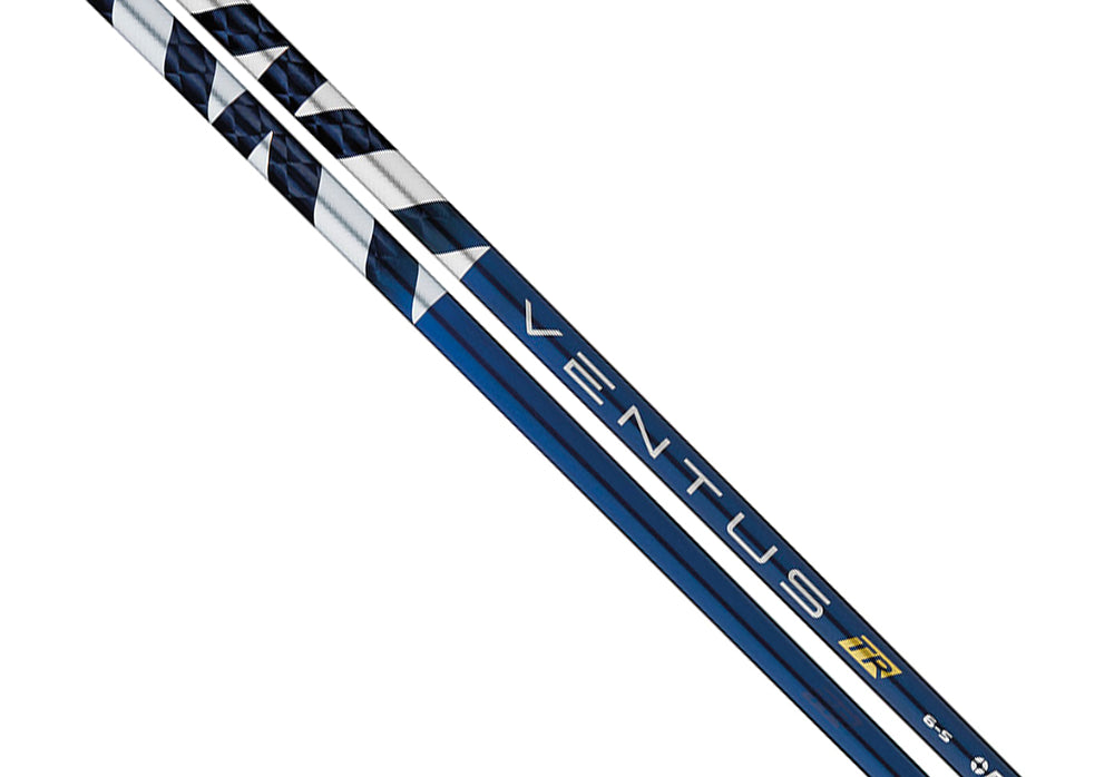 A close-up image of the Fujikura Ventus TR Blue Wood Shaft, showcasing its design and color with visible branding.