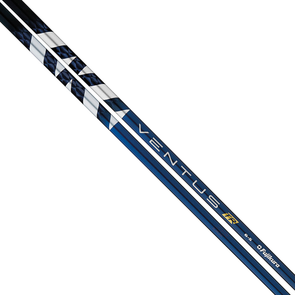 A close-up image of the Fujikura Ventus TR Blue Wood Shaft, showcasing its design and color with visible branding.